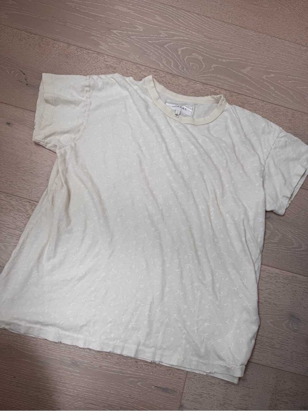 THE GREAT Boxy Crew Womens Short-Sleeve Washed White Floral Tee Small Size 1